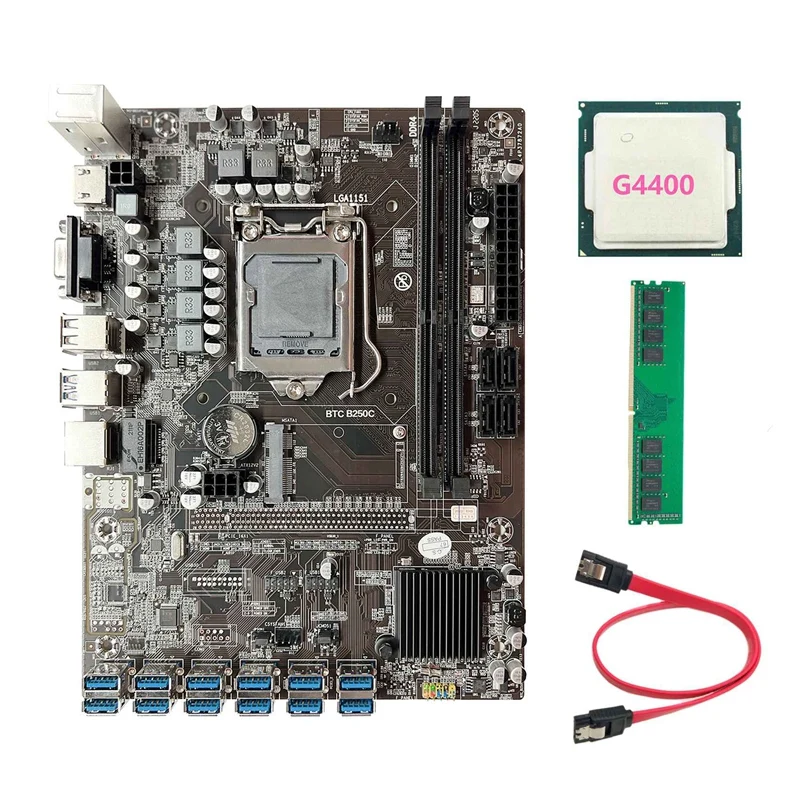 

B250C 12P Motherboard For LGA1151 12 USB3.0 PCIE GPU Slot+G4400 CPU+DDR4 4G 2666MHZ Memory+SATA Cable