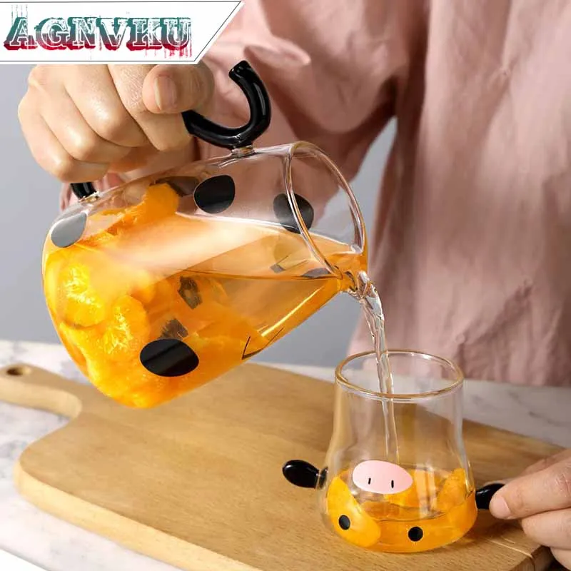 

Набор графинов из боросиликатного стекла, 550/1800 мл, с чашкой, прозрачный чайник, термостойкий мультяшный кофейник из коровьего стекла, холод...