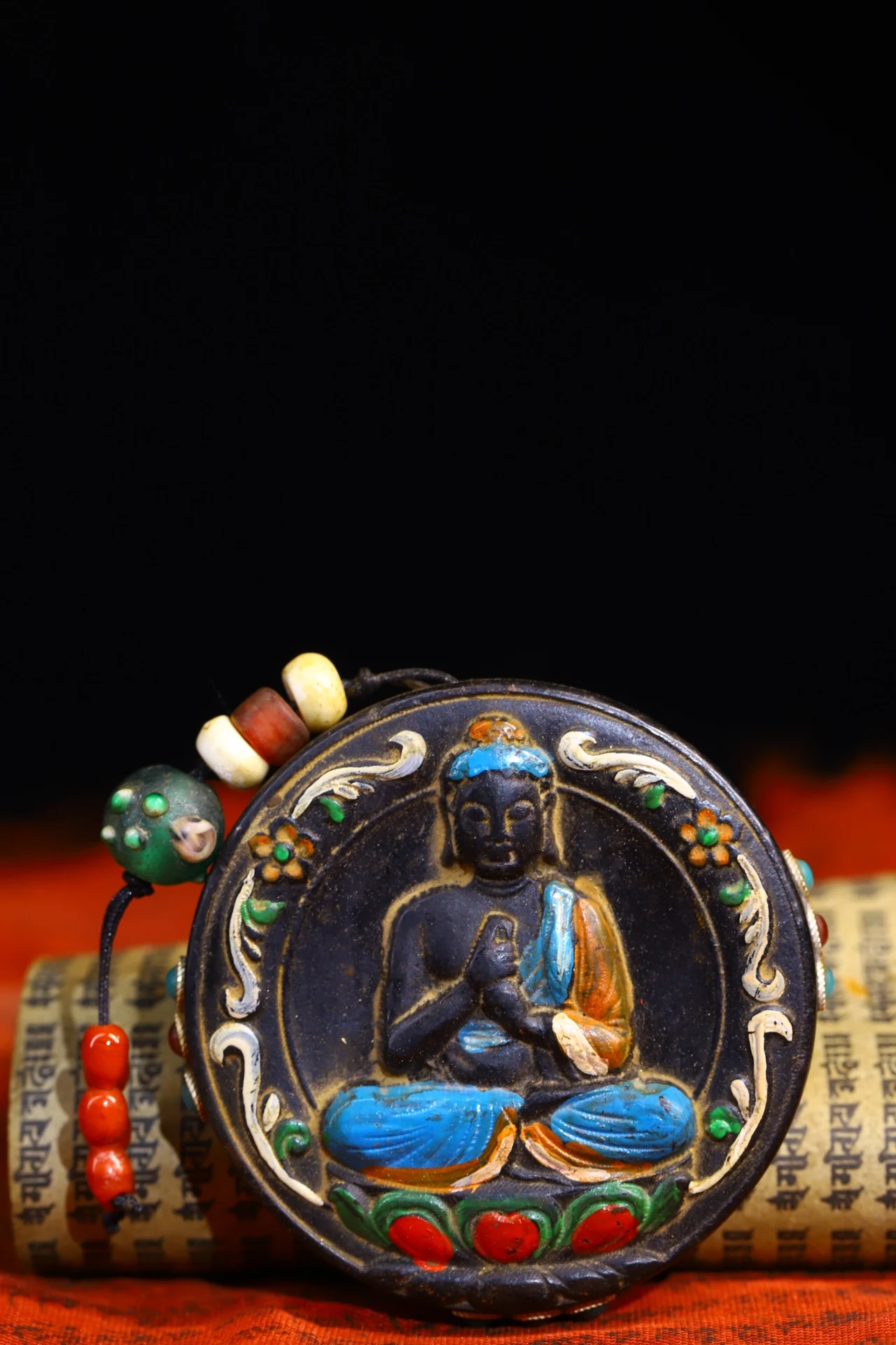 

3"Tibet Temple Collection Old Natural Meteorite Mosaic Gem gZi Beads shell Sakyamuni Buddha Amulet Dharma Town house Exorcism