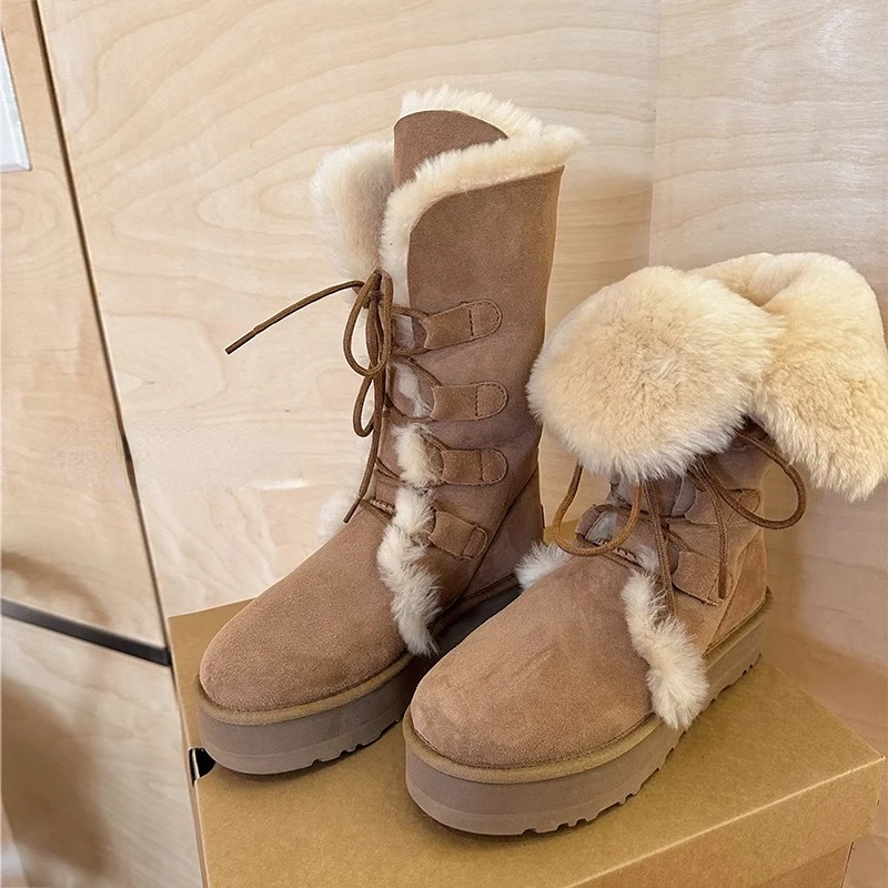 

Furry Women's Boots 2023 Winter Plush Warm Ladies Mid-calf Boots Height Increasing Thick Sole Fashion Snow Boots Zapatos Mujer