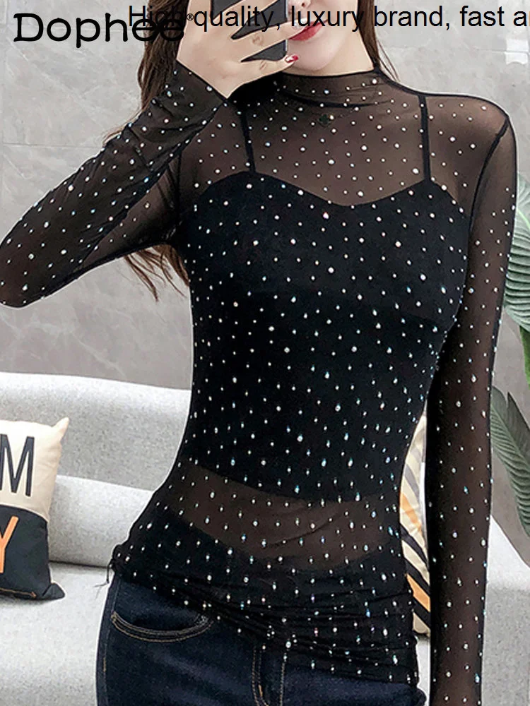 

Diamond Spring 2023 Grenadine Long Sleeve Chiffon Bottoming Shirt Vest Two-Piece Set Popular Sexy See-through White T-shirt Top