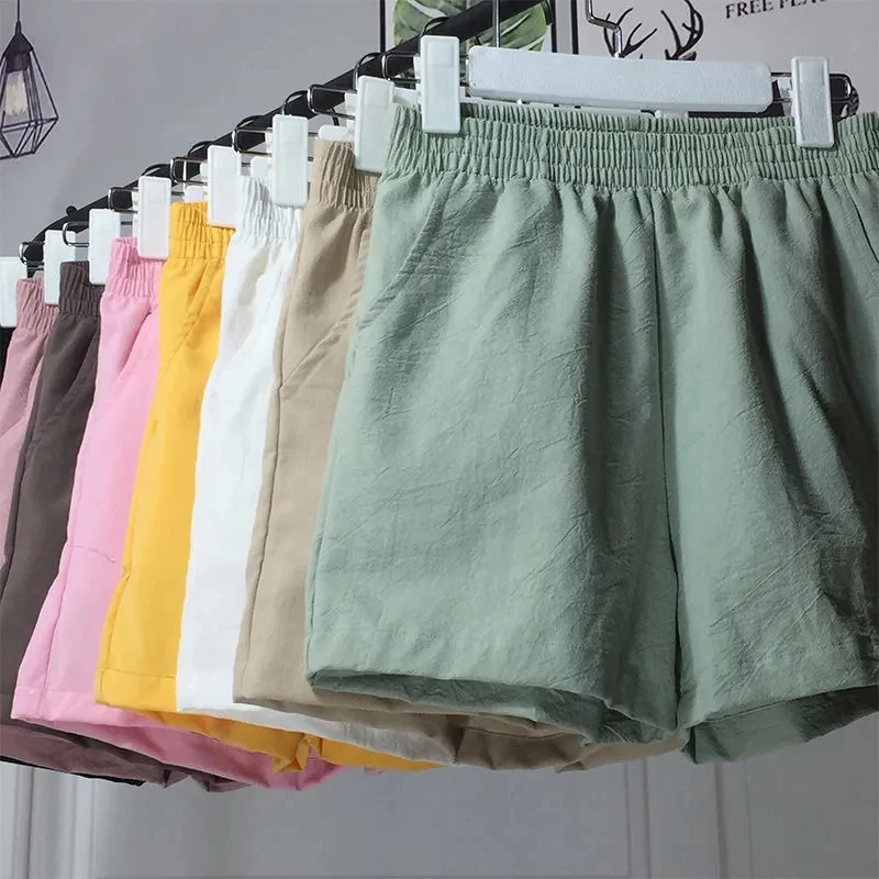 

Cotton linen shorts women's summer sports leisure elastic high waist loose wide leg shorts P3 788