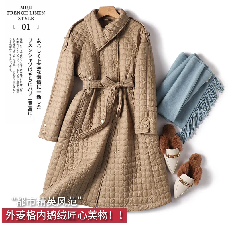 Thin Long Duck Jacket Women 90%  White Goose Down  Office Lady  Covered Button  Adjustable Waist  Abrigos Mujer Invierno 2022