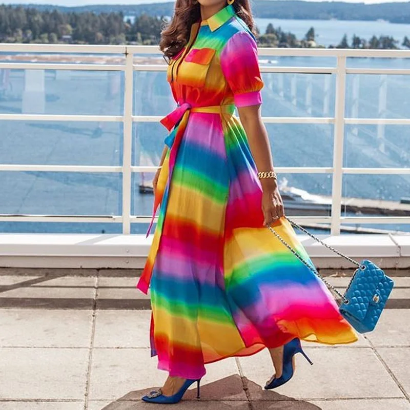 

Rainbow Striped Print Summer Dress 2021 Women Button Up Short Sleeve Casual Vintage Shirt Long Dress Ladies Elegant Maxi Dresses