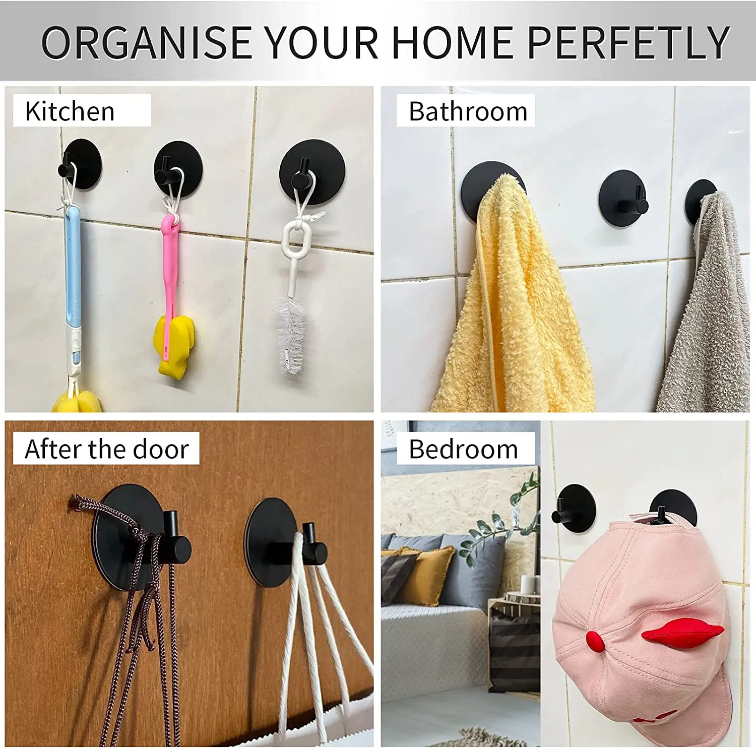 

4pc Black Self Adhesive Hooks Self Adhesive Wall Mounted Hanger No Drill No Screw for Key Coat Towel for Kitchen Bathroom Toilet
