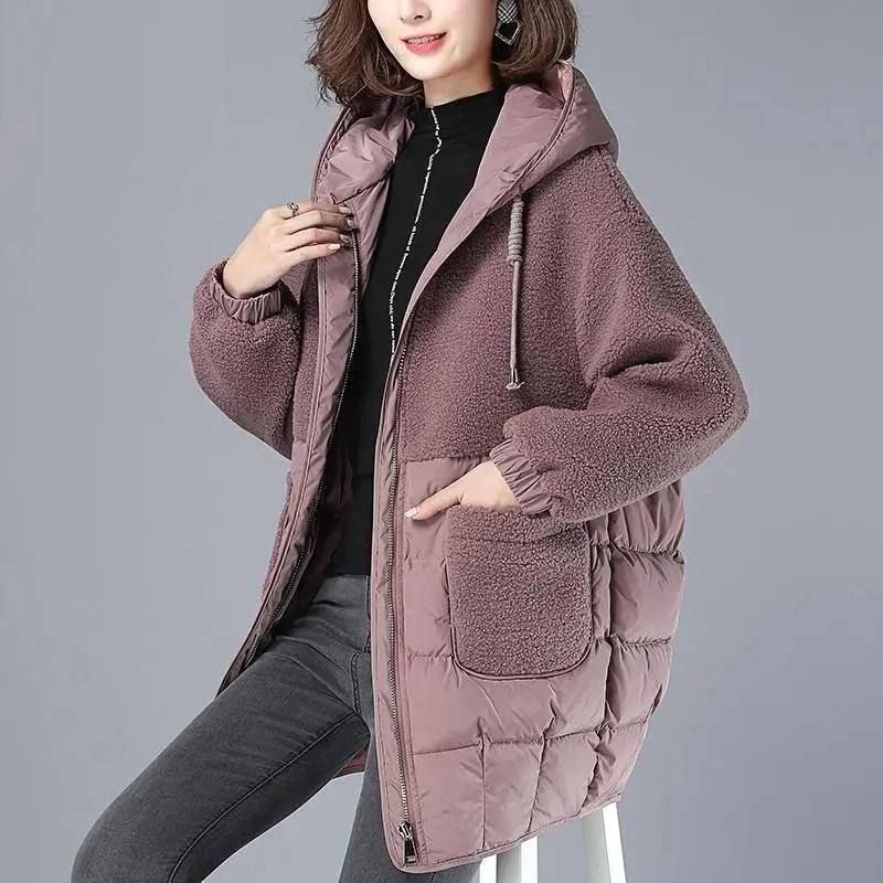 Down Cotton Jacket Women 2022 Winter New Korean Fashion Loose Casual Padded Coat Large Size Hooded Imitation Lamb Wool Outerwear