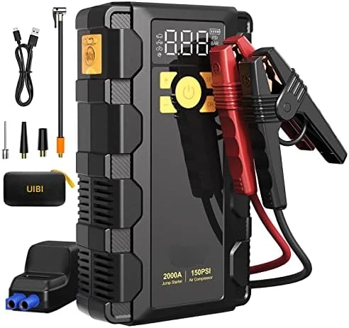 Starter with Air Compressor, 2000A Jumper with 150PSI Digital Tire Inflator, 12V Lithium Jump Starters for Vehicles, Car Battery