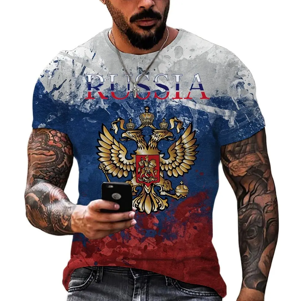 

Футболка мужская с 3D-принтом медведя, модная рубашка с круглым вырезом, с коротким рукавом, с российским флагом, уличная одежда, большие разм...