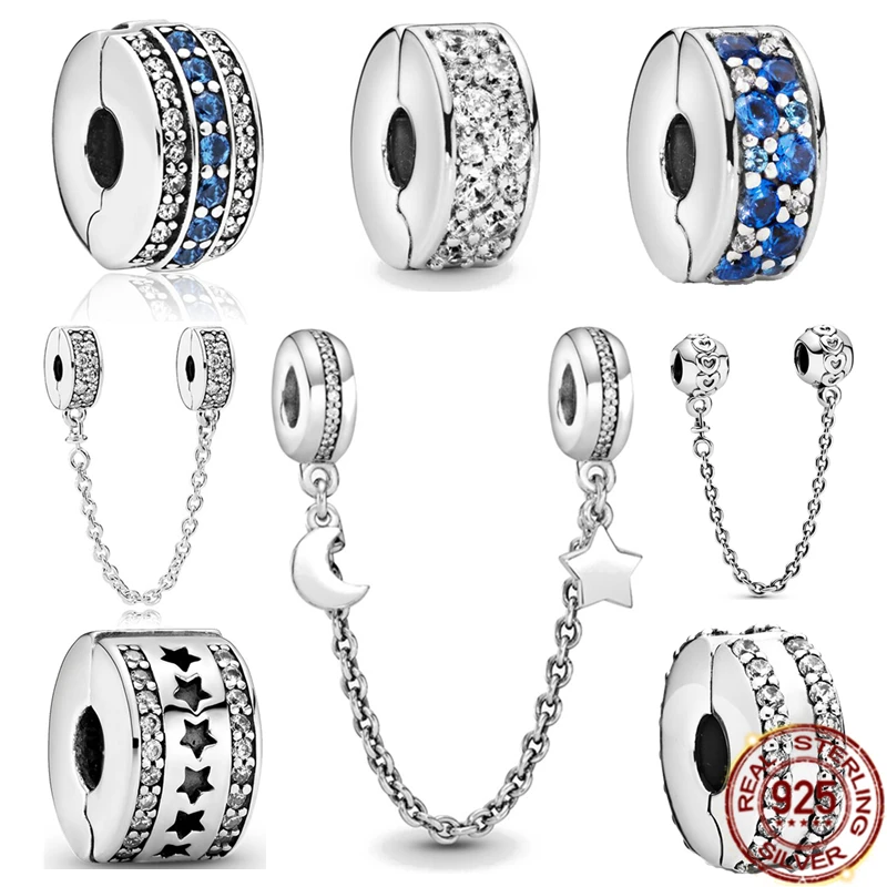 

Fit Pandora Original Bracelet Star Clip Charm 925 Sterling Silver Heart Bead Safey Chain DIY Clip For Women Fine Jewelry Gift