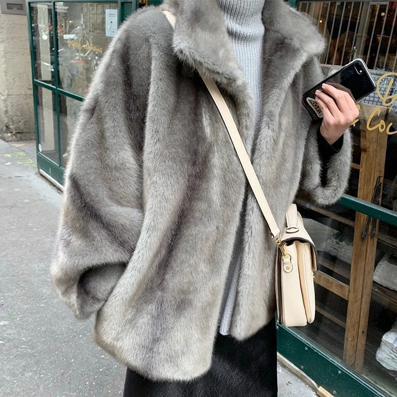 Women's 2021 Temperament Elegant Lapel Slotted Loose Pockets Warm Mink Imitation Fur Korea Autumn and Winter Fashion Jacket