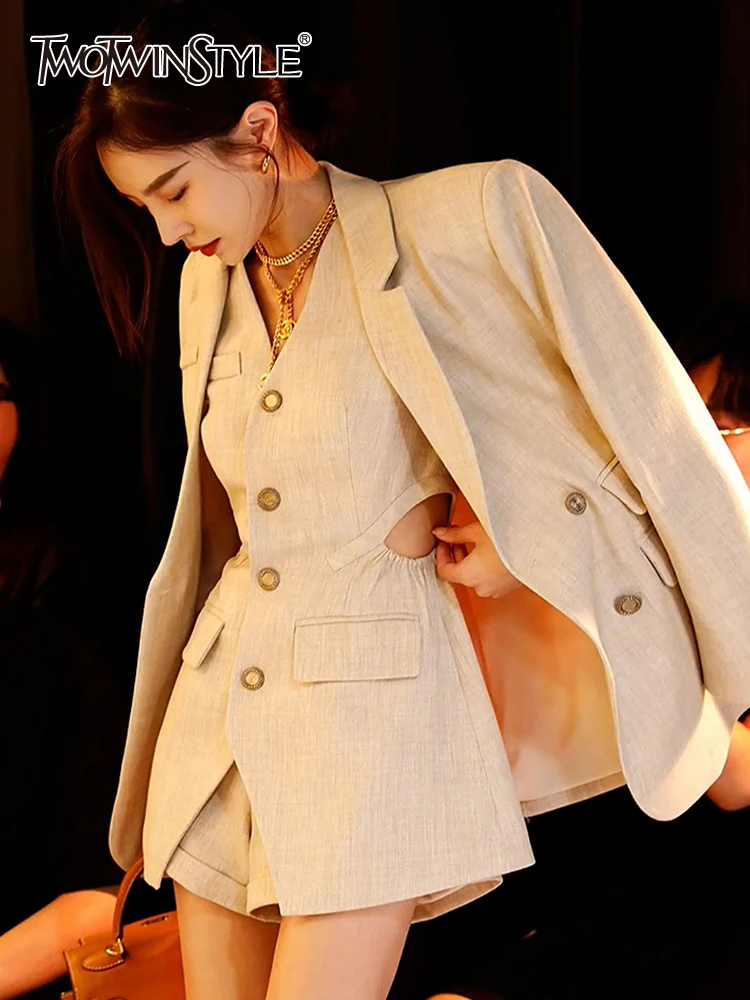 

TWOTWINSTYLE Casual Three Piece Sets For Women Notched Collar Long Sleeve Blazer V Neck Vest High Waist Short Chic Set Female