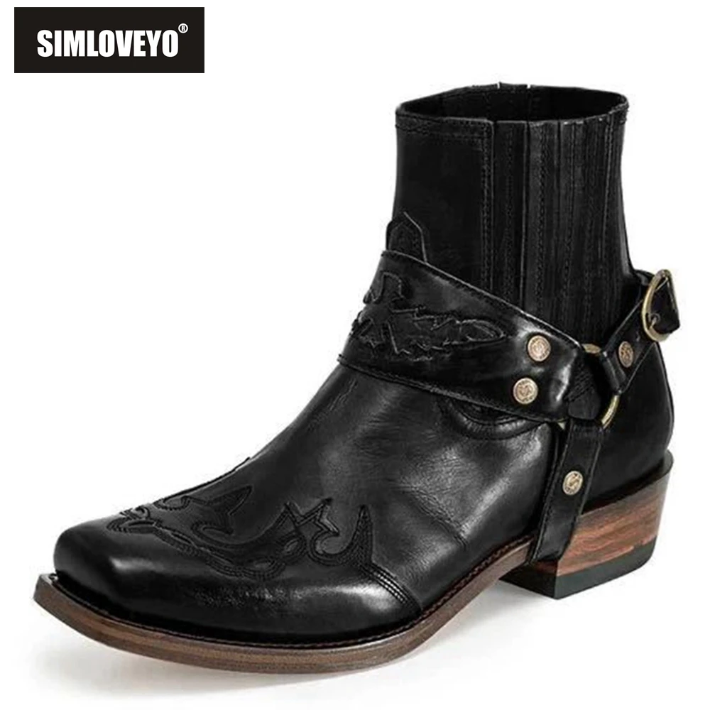 

SIMLOVEYO All-match Men's boots Cool Fashion Flats Men's shoes Low-heel Roman style Retro Embroidery Short-tube Casual A4576