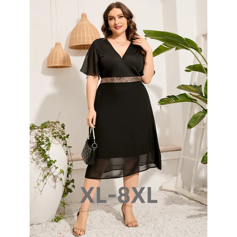 Plus Size 2023 Fashion 3xl 4xl 5xl Women Chiffon Dress Black Loose Mid Dress Casual Bohemian Summer Dresses o 3xl 4xl 5xl 6xl