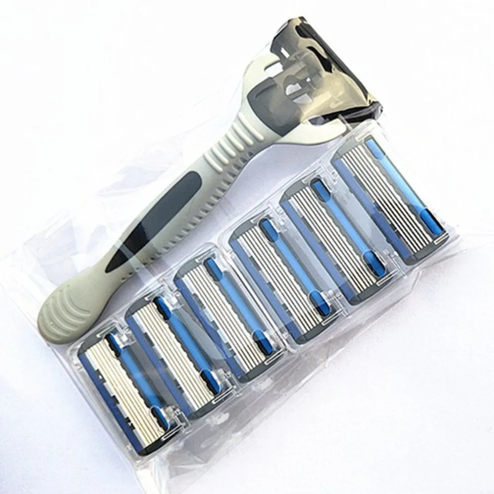 

6-Layers Safety Razor Shaver (1 Razor Holder + 7 Blades Head) Cassette Shaving Razor Set Men's Blue Body Face Hair Removal Knife