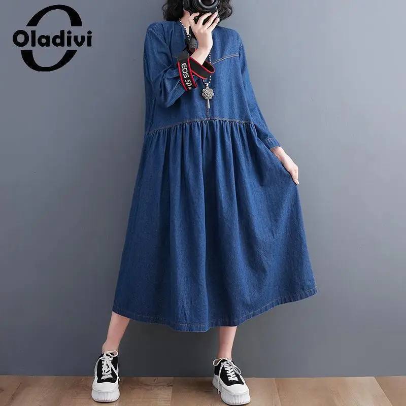 

Женское джинсовое платье Oladivi, повседневное свободное платье средней длины большого размера, летнее женское платье-туника, модель 2023, 397