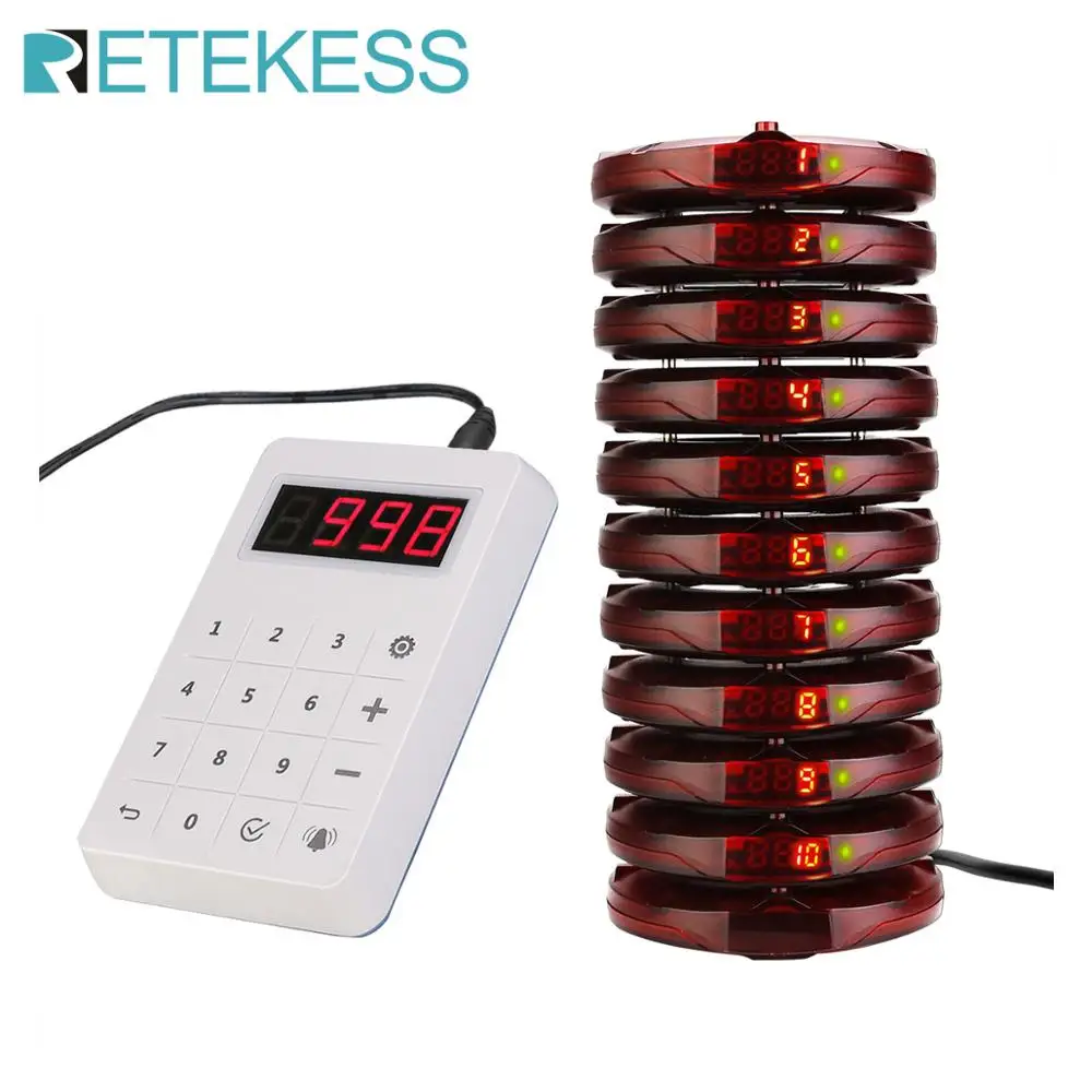 

2022 Retekess TD158 Restaurant Pager 10 Coaster Buzzer Receiver Paging System Waterproof Touch Keypad For Clinic Coffee Church