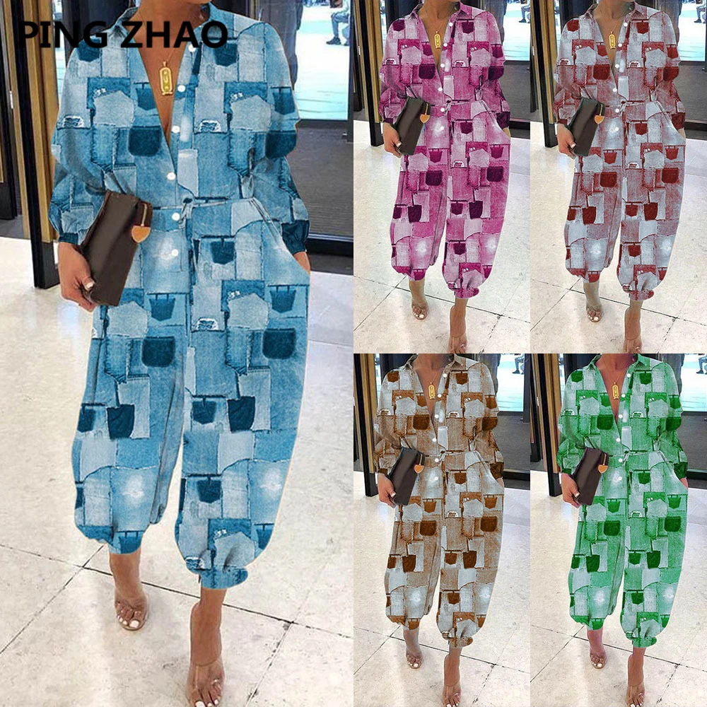 

2023 Casual V-Neck Button Lace-Up Jumpsuit Autumn Long Sleeve Loose Playsuit Overalls Women Elegant Print Pocket Rompers