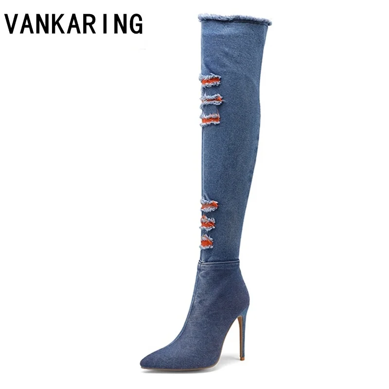 

fashion wear tear holes denim printed toe over the knee high boots thin high heels shoes women long motorcycle boots woman blue