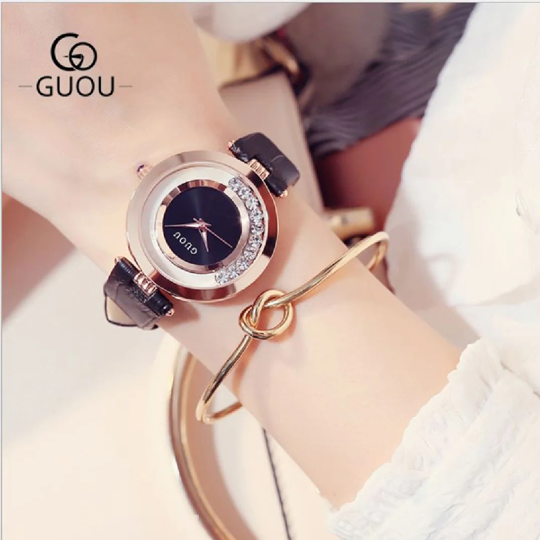 Fashion Ladies Watch Guou Top Brand Montre Femme Luxury Women's Watch Rhinestone Bracelet Genuine Leather Clock Bayan Kol Saati