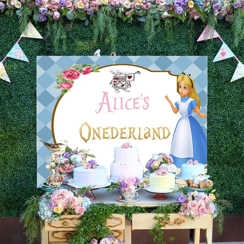 

Cartoon Disney Romantic Flower Blue Backdrop Alice In Wonder Princess Happy Birthday Party Decoration Photo Backgrounds Banner