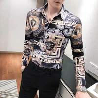 mens autumn slim personality lion printed long sleeve shirt stylist hotel social youth handsome flower shirt