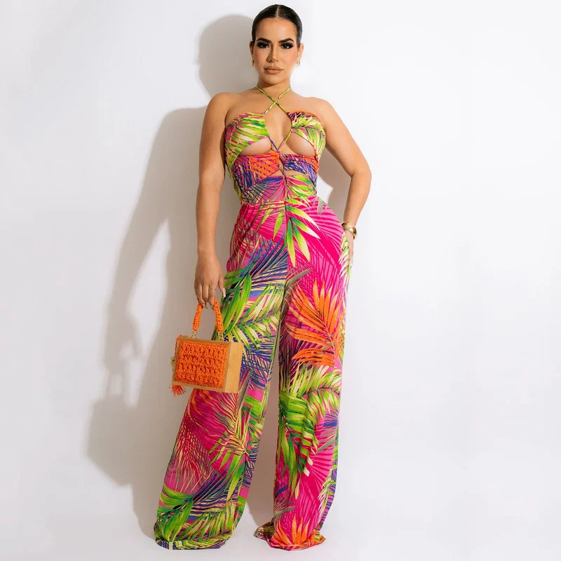 

WUHE Halter Tropical Printed Women Jumpsuit Hollow Out Off Shoulder Wide Leg Long Pants Summer Boho Beach Overalls Streerwear