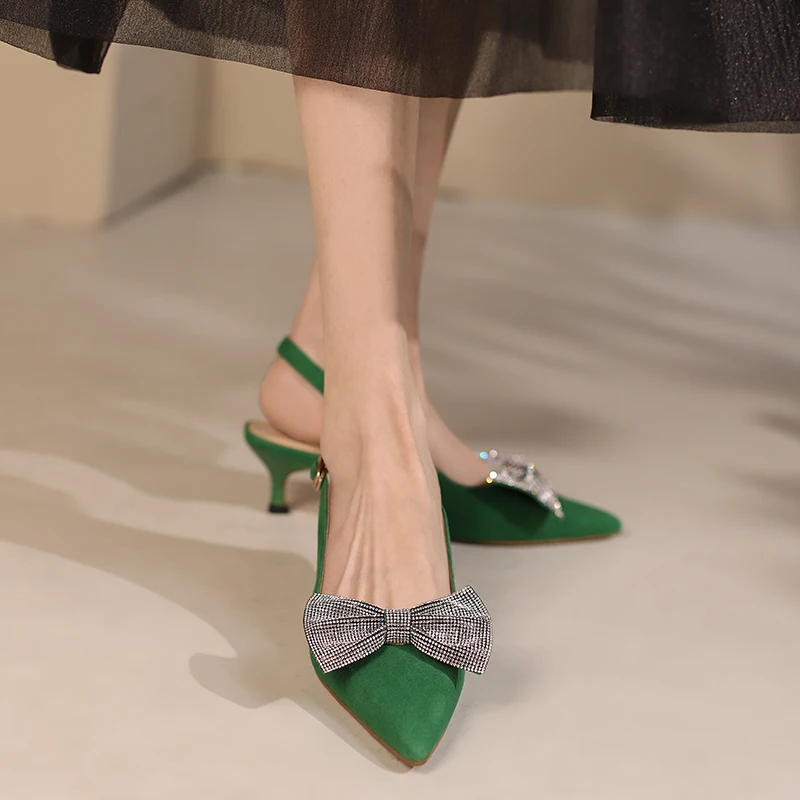 

Slingbacks Party Shoes Pointed Toe Sandles Elegant Ladies Pumps Summer Women Shoes 5cm High Heels Crystals Bowtie Sandals
