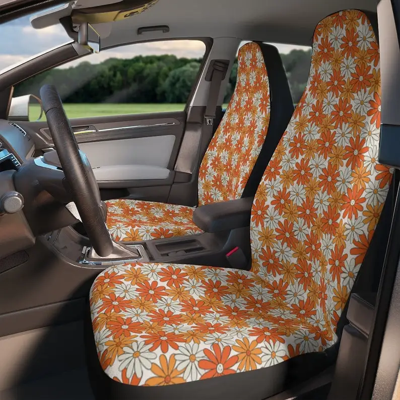 

Happy Hippie - Car Seat Covers | Boho Modern & Retro 70s Hippie Car Accessories | Yellow Orange Floral Women/Girls Seat Covers f