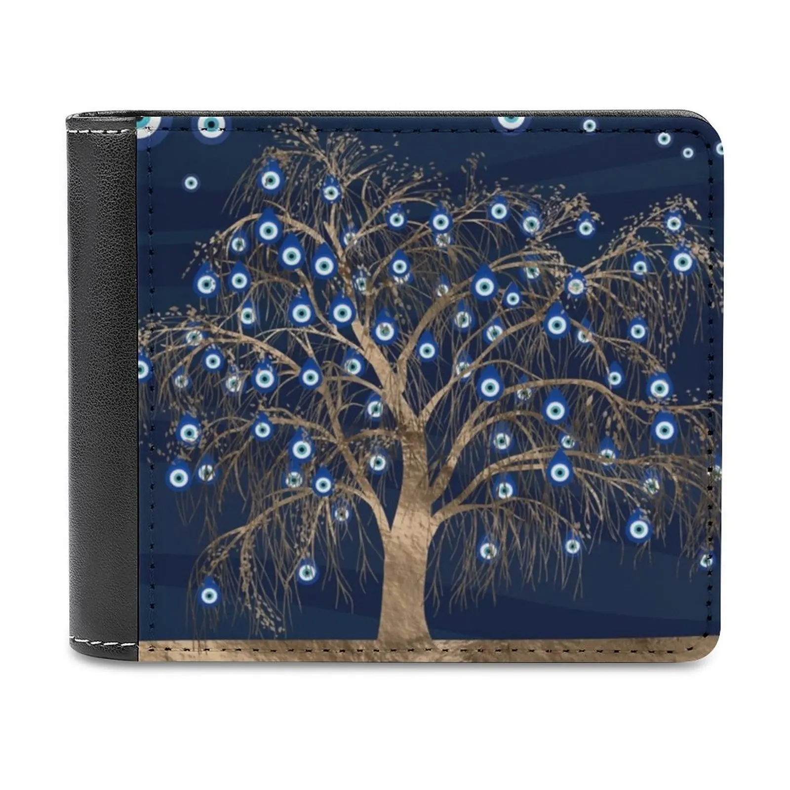 

Nazar Charm Tree-Gold On Dark Blue Pattern Leather Men's Wallets Hot Selling New Men's Wallet Trend Card Pack Purse Nazar Nazar