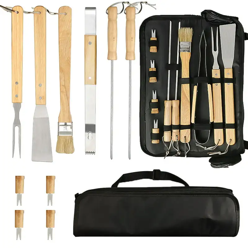 

BBQ Grill Accessories with Set Wood Handle Complete Kit for Outdoor Camping Grill Brush