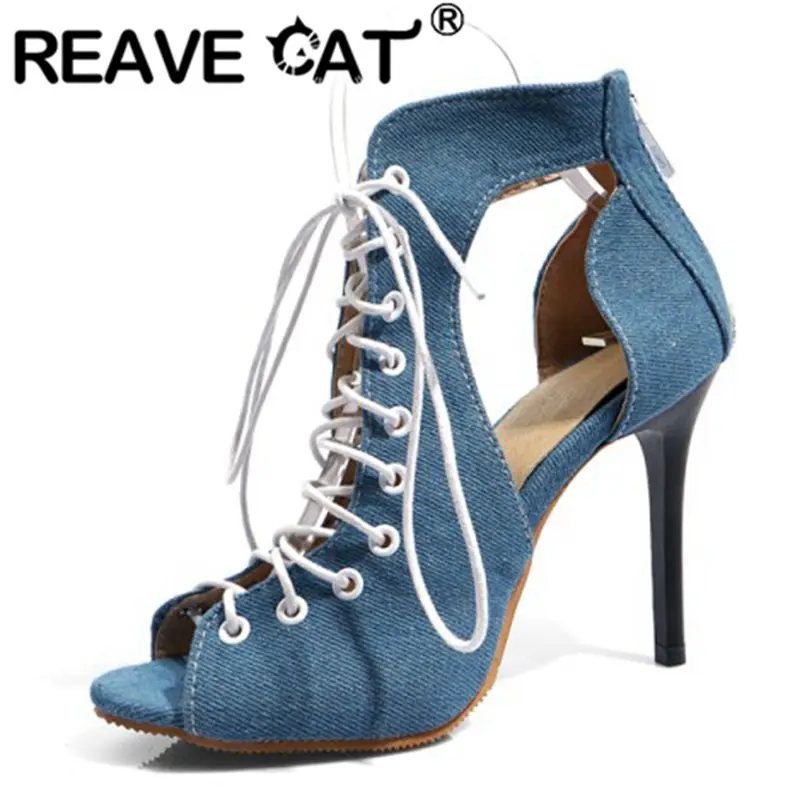 

REAVE CAT Women's Sandals Peep Toe Cover Thin Heels Ankle Cross Tied Zipper Denim Fashion Roma Plus Size 34-48 Black Blue S3843