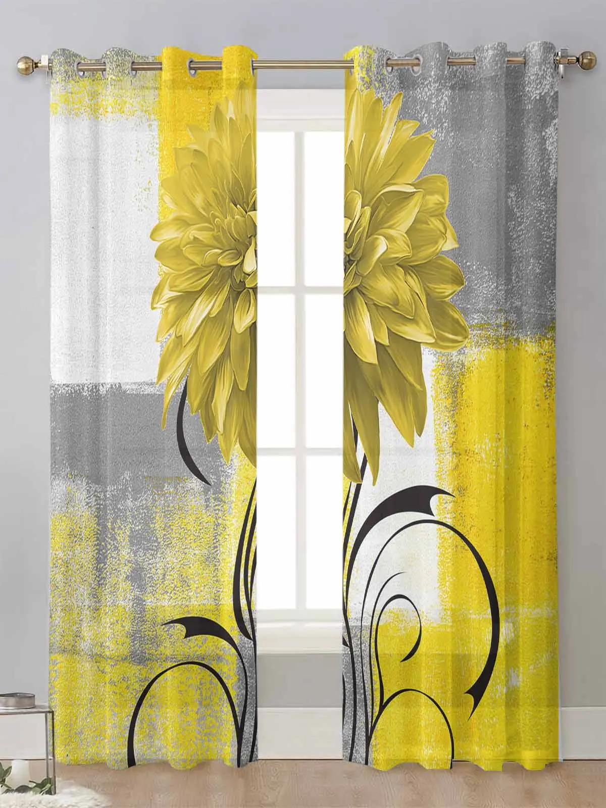 

Dahlia Oil Painting Abstract Texture Plant Sheer Curtains For Living Room Window Voile Tulle Curtain Cortinas Drapes Home Decor