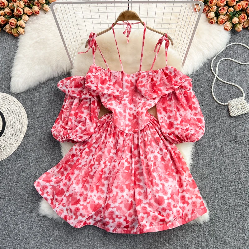 

Sexy Halter Floral Mini Dress Women Spring Autumn Puff Sleeve High Waist Open Back Spaghetti Strap Vestidos Female Beach Summer