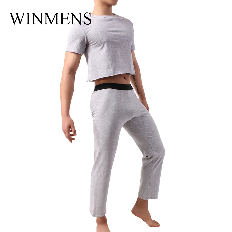Men's Cotton Pajama Set Youth Midriff-baring Tops+Long Pants Loungewear Male Comfortable Homewear Causual Clothing For Gym