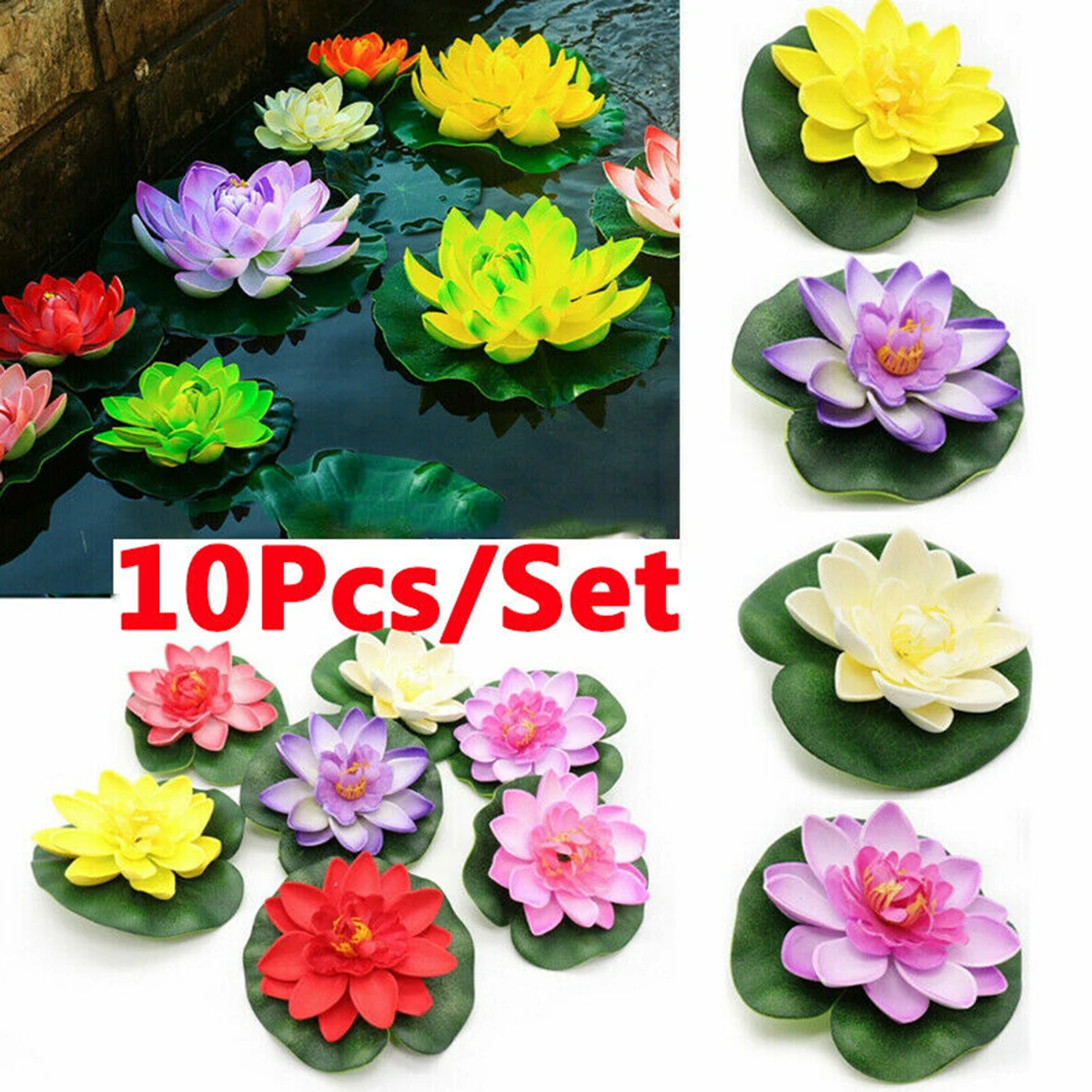 

10PCS Artificial Lotus Flower EVA Fake Lotus-Leaf Flowers Water Lily Floating Garden Pool Plants Decoration Random Color