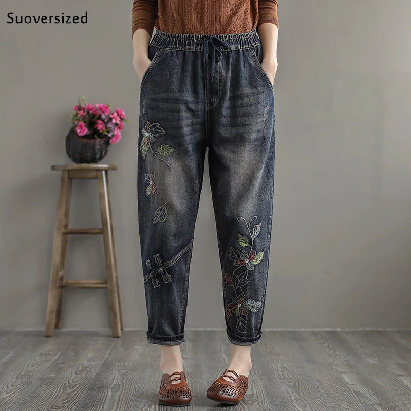 

Женские эластичные джинсы в стиле ретро с цветочной вышивкой