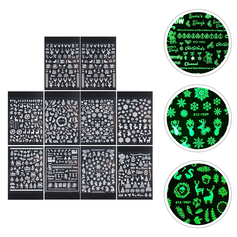 

10Pcs Christmas Luminous Stickers Snowflake Nail Decorations Mixed Style