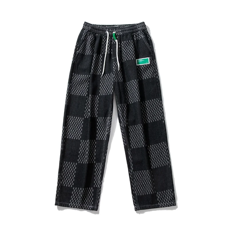 DEEPTOWN Vintage Plaid Straight Denim Pants Men Casual Streetwear Loose Jeans Black Bule Trousers Male Hip Hop Japanese Spring