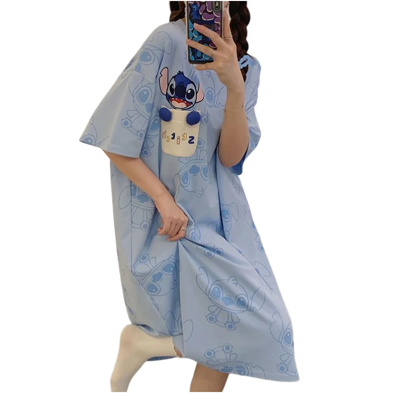 

Stitch cartoon personality female summer cotton short-sleeved nightdress new large size creative cute home service holiday gift
