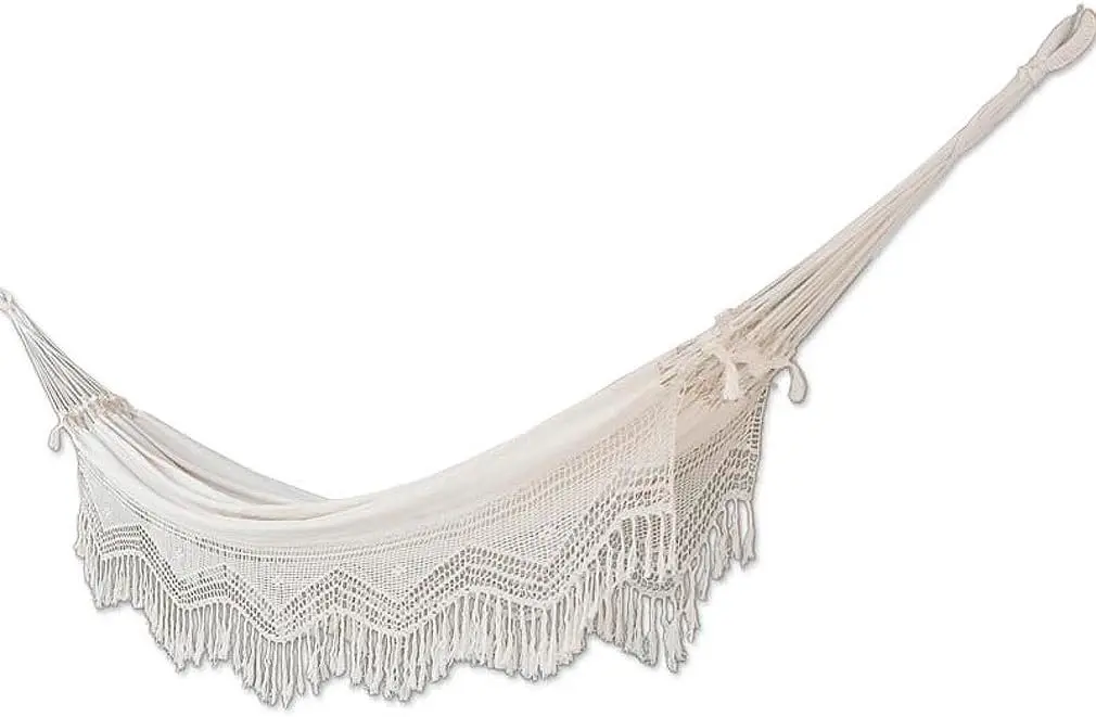 

Beige Ecru Cotton 2 Person Hand Woven XL Brazilian Hammock with Handmade Crochet Fringe, Manaus Majesty' (Double)