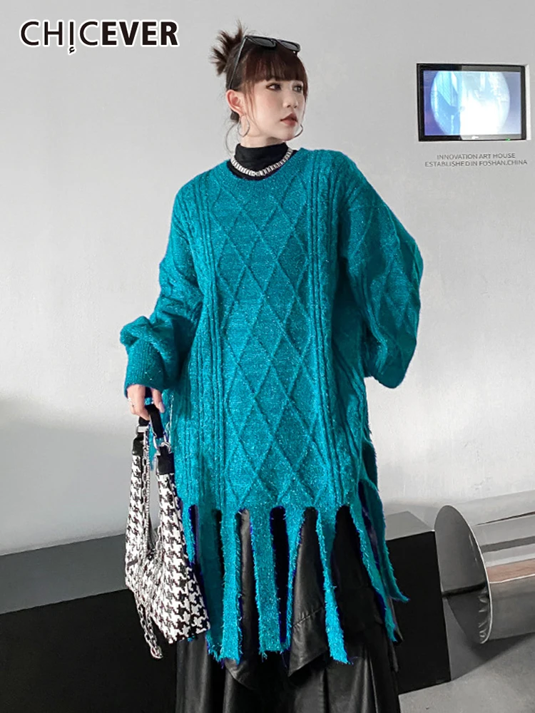 

CHICEVER Oversize Knitting Midi Dress For Women Round Neck Long Sleeve Patchwork Tassel Solid Dresses Female Clothing Autumn New