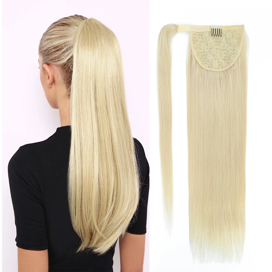 140G Full Wrap Around Straight Ponytail Human Hair Remy Brazilian Hair Extensions Clip Ins Hairpiece Blonde Pony Tail Extensions