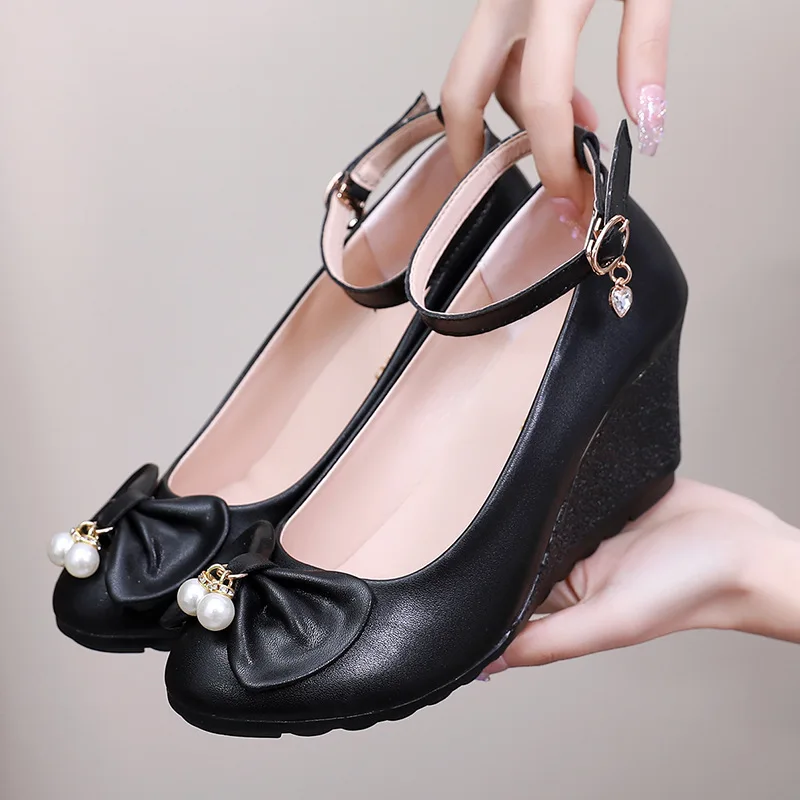 

High Heels Wedges Shoes New Fashion Women Pumps Pearl Bowtie Casual Shoes Brand Woman Platform Loafers Wedge Heel 6cm