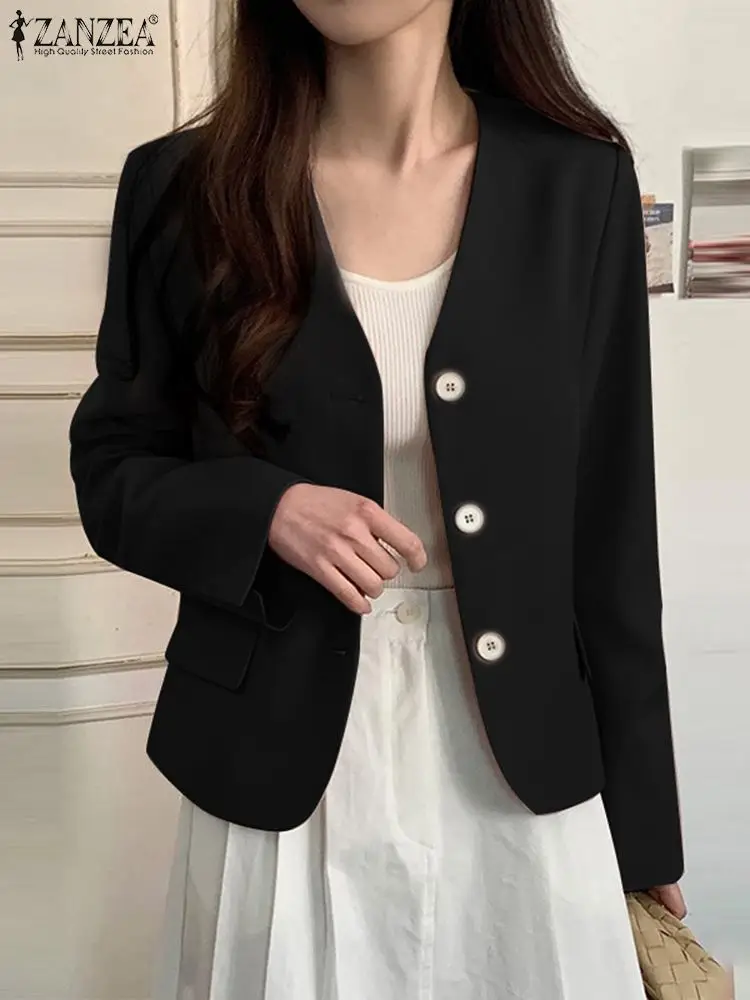 

2023 ZANZEA Spring Elegant Women Blazer Suits Fashion V Neck Long Sleeve Tops Female Thin Jackets Casual Solid OL Work Outwear