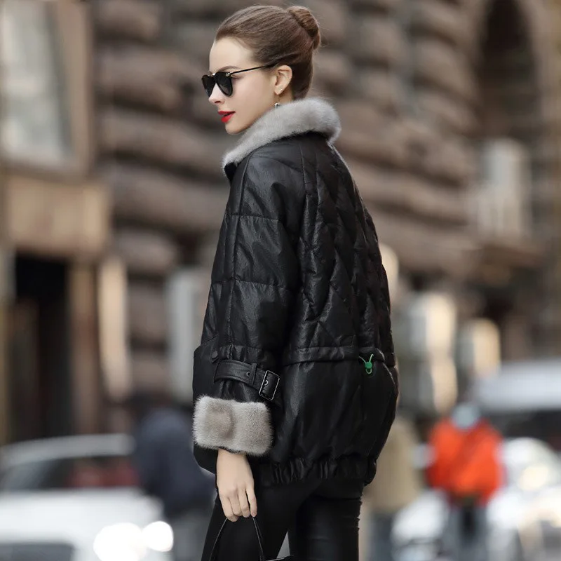 Leather Down Jacket Women's Winter Genuine Leather Coat Stand Collar Retro Embossed Sheepskin Mink Fur Leisure Loose Down Coat