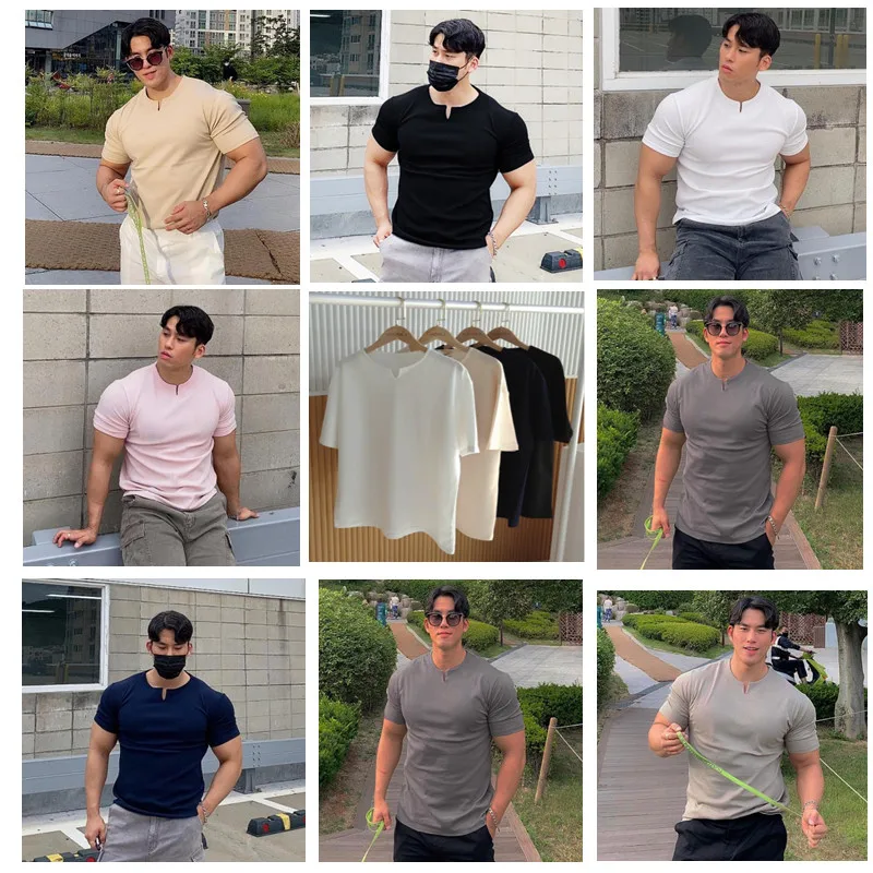 

New Summer Brand TopsTShirt Men 95% Cotton 5% Spandex V Neck Plain Solid Color Short Sleeve Casual Fashion Men Clothes 2022