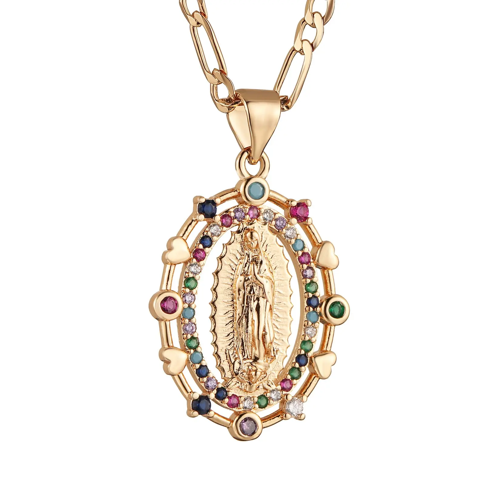 

HZMAN 14K Gold Plated Virgin Mary Prayer Necklace Amulet Our Lady of Guadalupe Pendant Cubic Zirconia for Women Daughter Gift