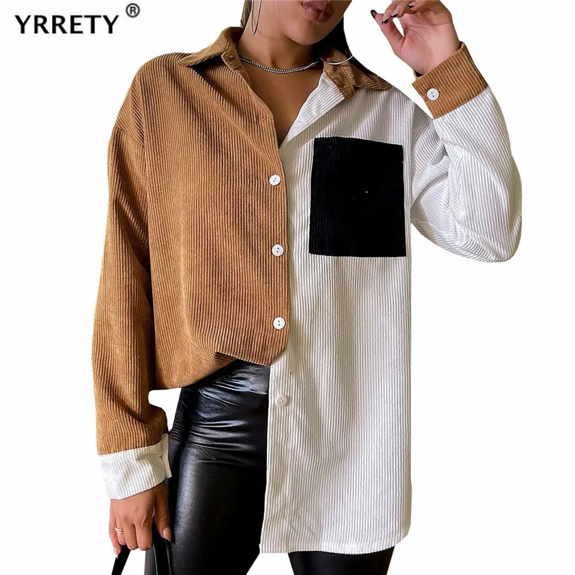 

YRRETY New Blouse Women Casual Top Shirts Female Loose Blusas Autumn Ladies Office Sexy Patchwork Pocket Button-Down Clothing