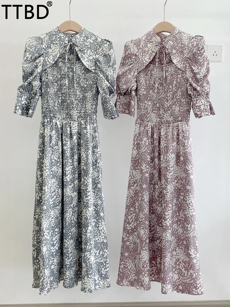 

TTBD summer stand collar tie hollow half flare sleeves sweet print dress lady stretch slim elegant dress japanese gentle robe