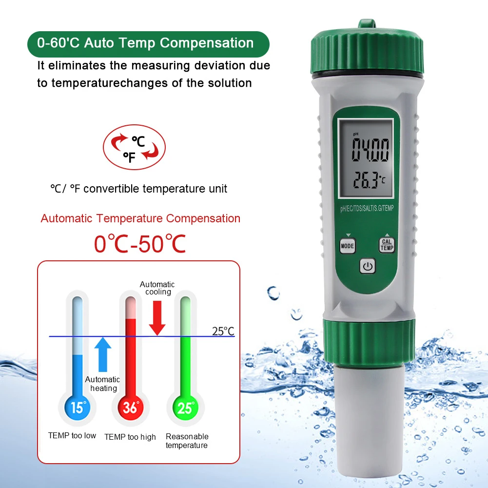 

6 in 1 PH Tester Professional pH Water Quality Tester Portable Pen Type pH Meter Acidometer for Aquarium Acidimeter Measure